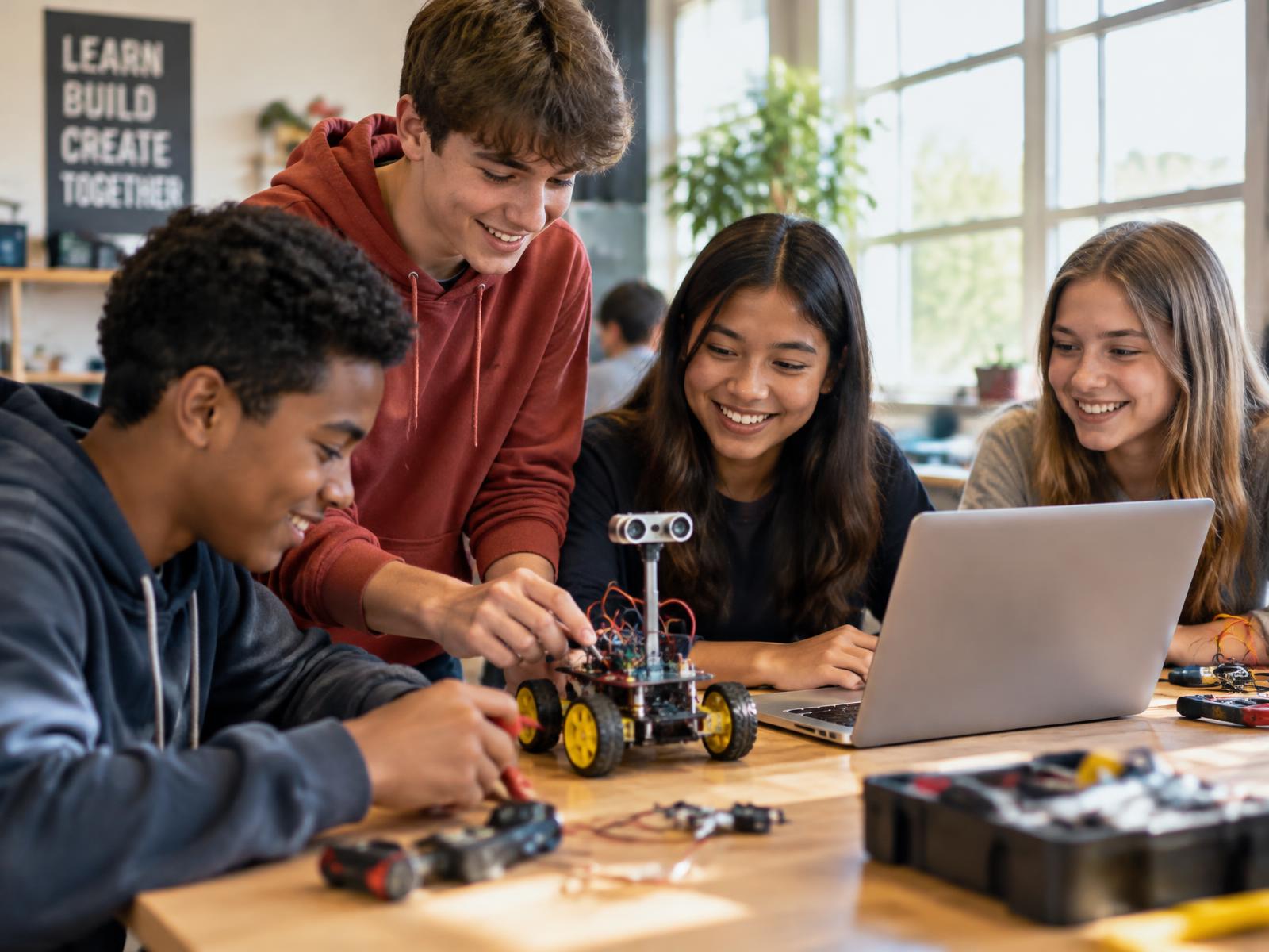 A diverse group of teenagers building and programming a small robot together